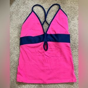 Moda International stretchy pink with blue piping tank with built in shelf bra